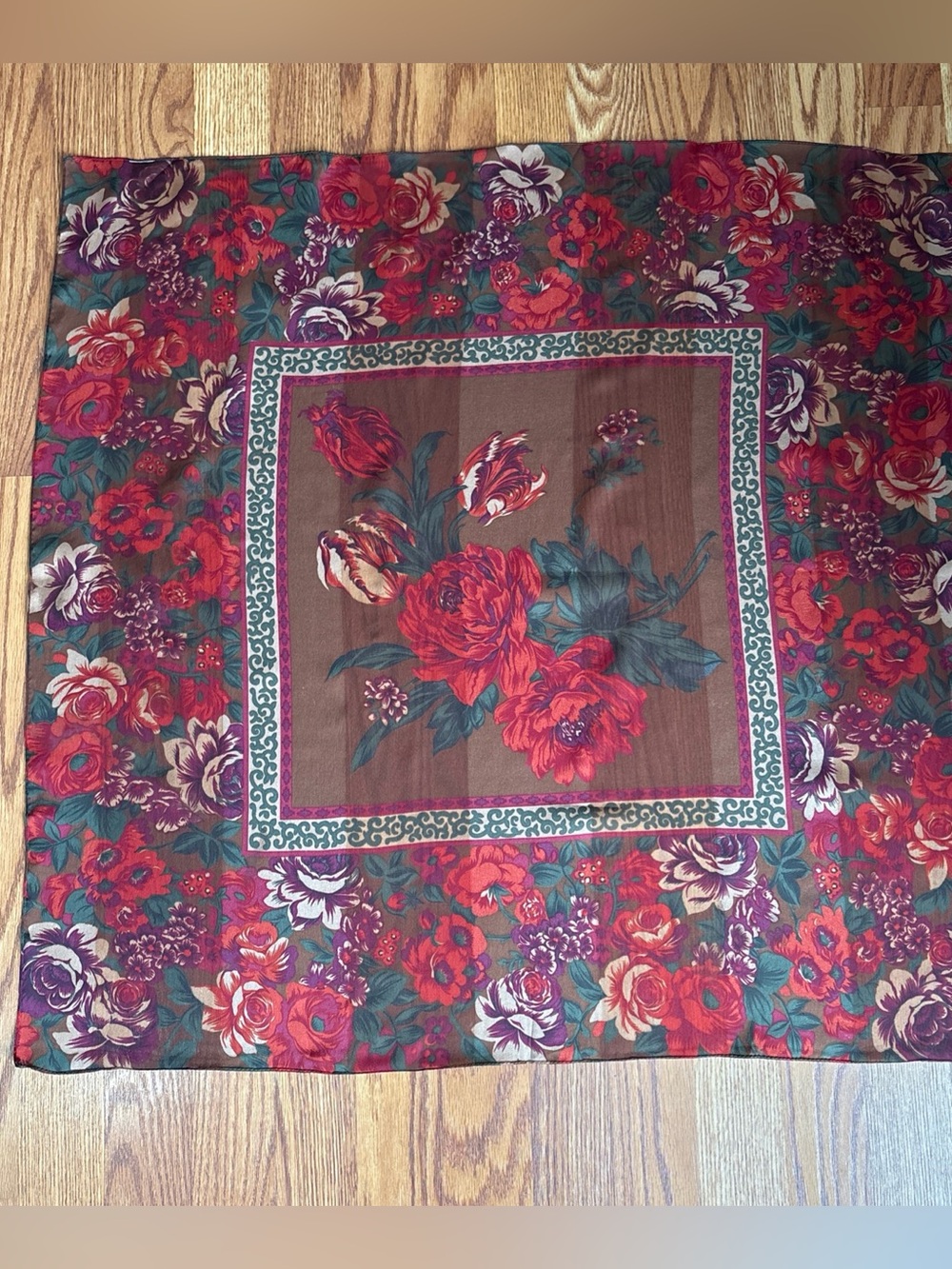 Vintage Liz Claiborne Square Scarf Brown with Large Roses/Floral Detail Preppy